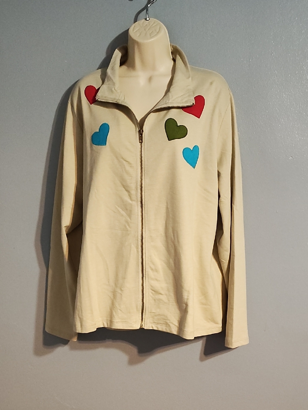 Sports Savy Cream Zip-Front Jacket with Colorful Heart Appliqués